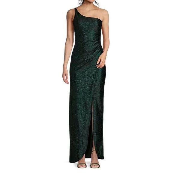 NWT Honey and Rosie  Green Sparkly One Shoulder Pleated Sideb Long Dress Prom Dr - Picture 3 of 7
